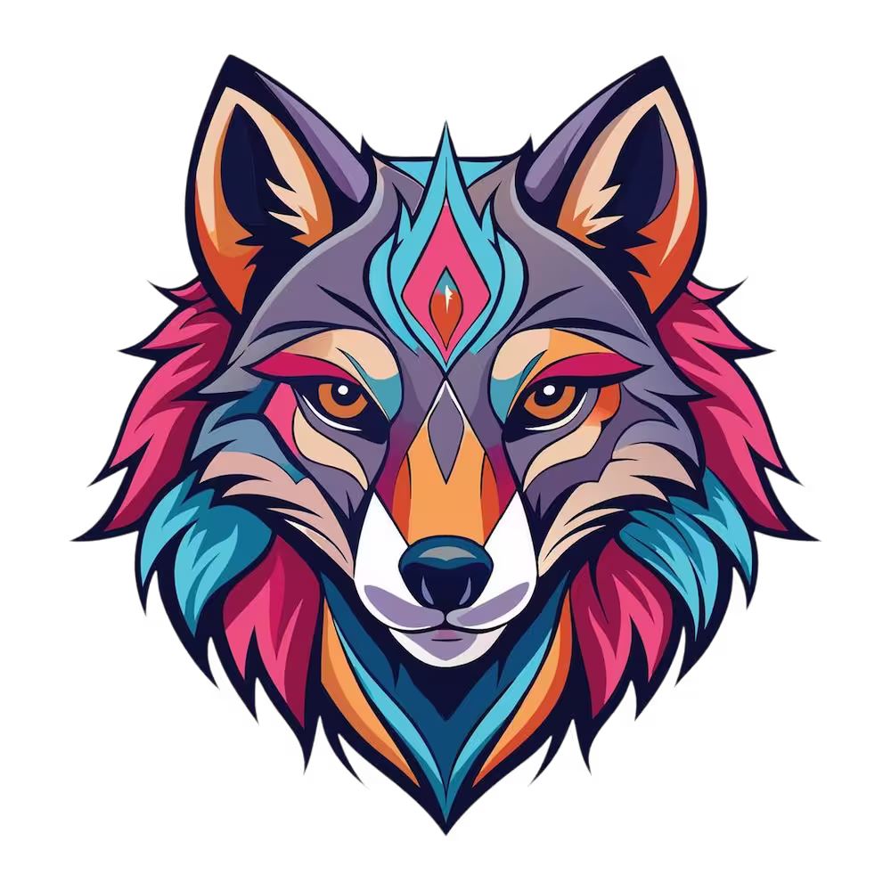 Colorful stylized wolf head artwork in pink teal purple and orange, the original vector file uploaded before embroidery digitizing