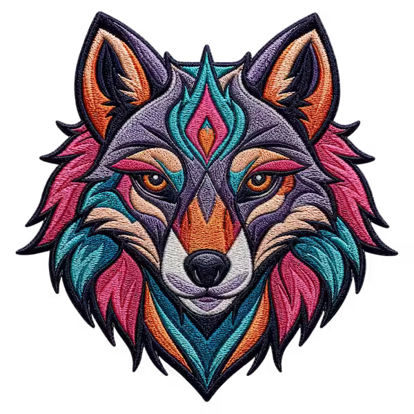 Digitized geometric wolf embroidery patch sewn as a finished stitch-out