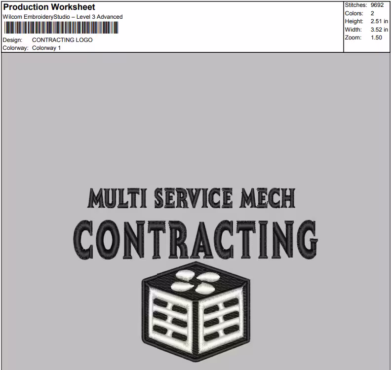 Wilcom EmbroideryStudio production worksheet for the Multi Service Mech Contracting logo showing stitch count and two-color build