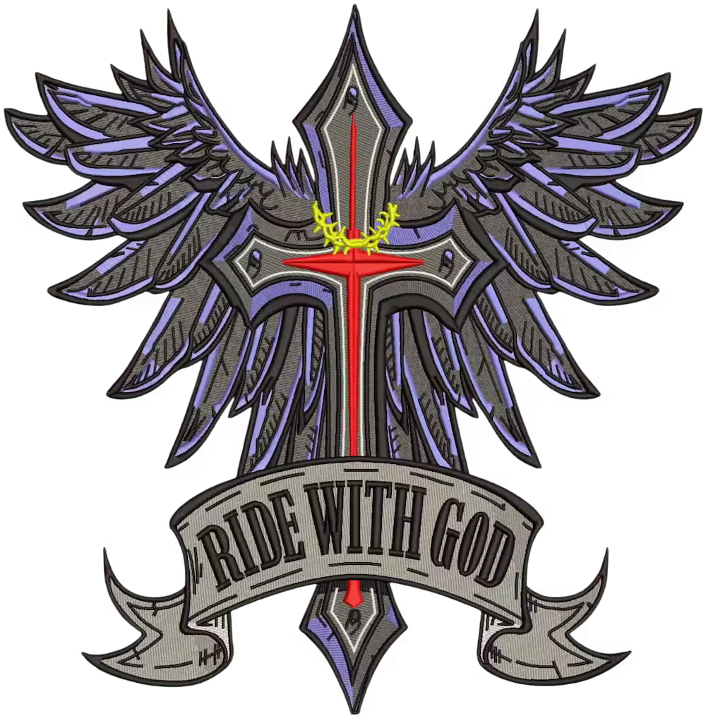 3D digital software preview of a complex winged cross jacket back digitizing file featuring intricate feather shading and precise satin stitch lettering